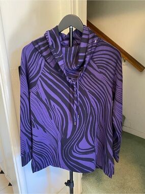 Chico's Purple & Black Abstract Cowl Neck Hoodie,size 1 (medium 8-10)